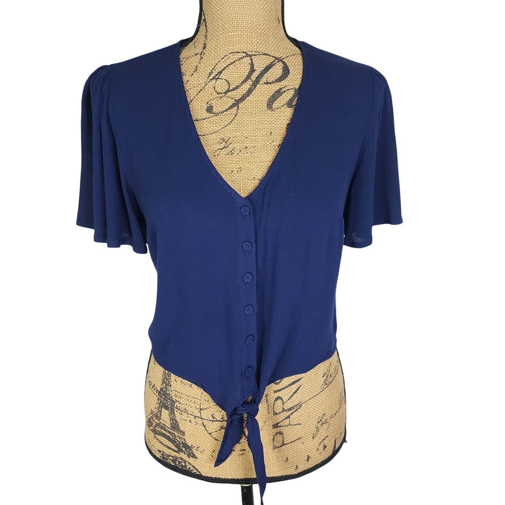 MODCLOTH Size XS Navy Blue Semi Sheer Lightweight Flutter Sleeve V-neck Crop Top
